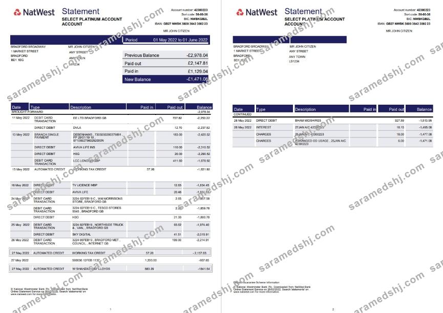 United Kingdom Natwest bank statement template in Word and PDF format 2 pages, version 2